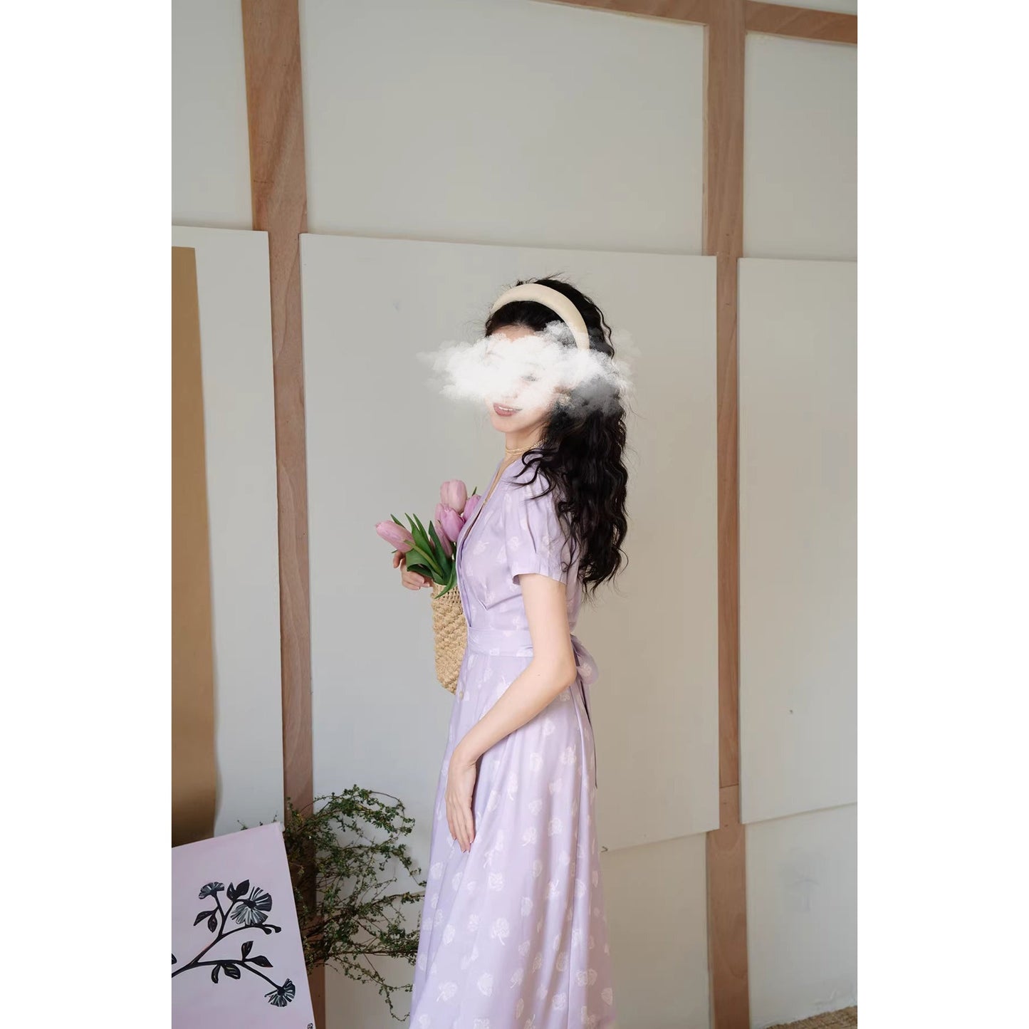 白藤の花模様レトロワンピース