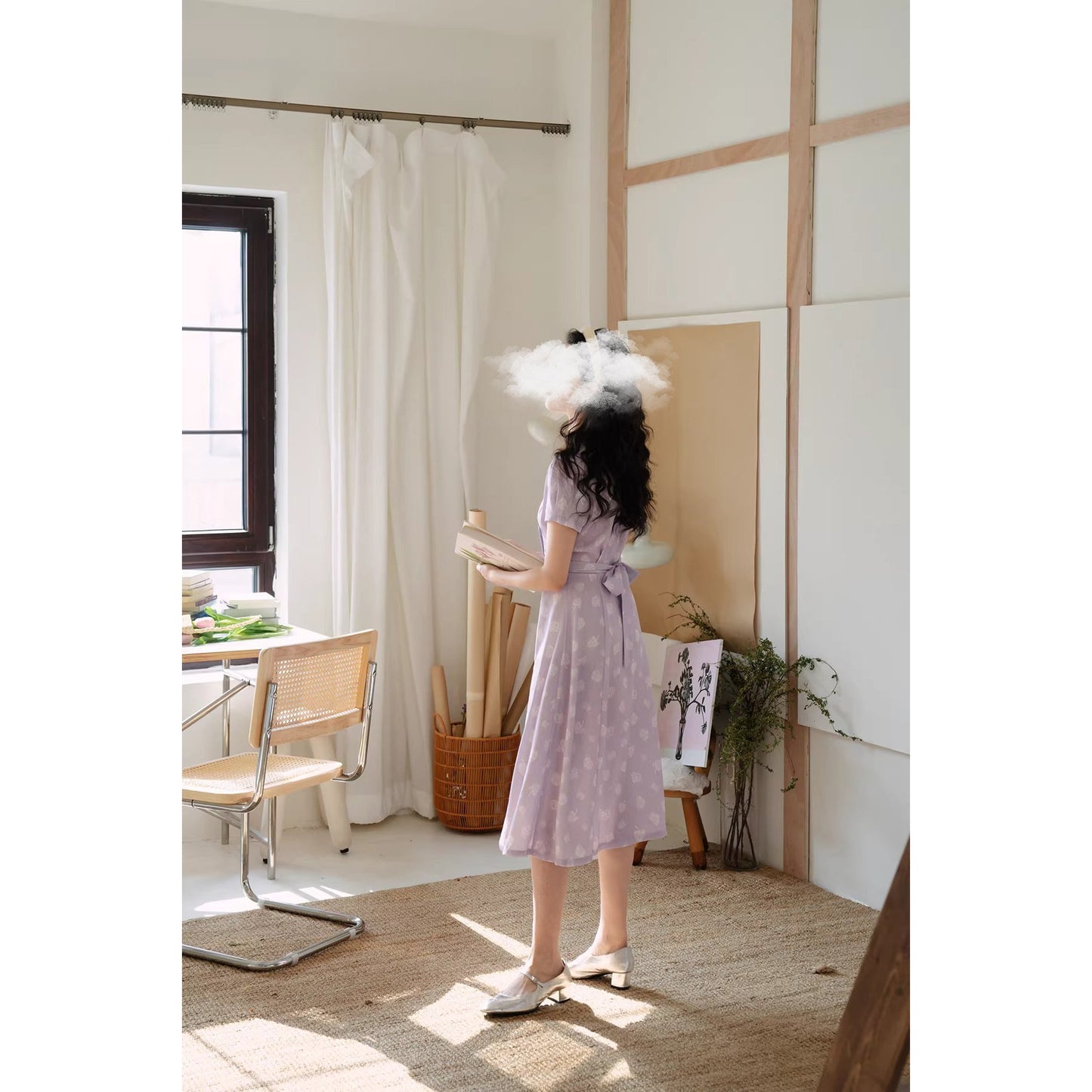 白藤の花模様レトロワンピース