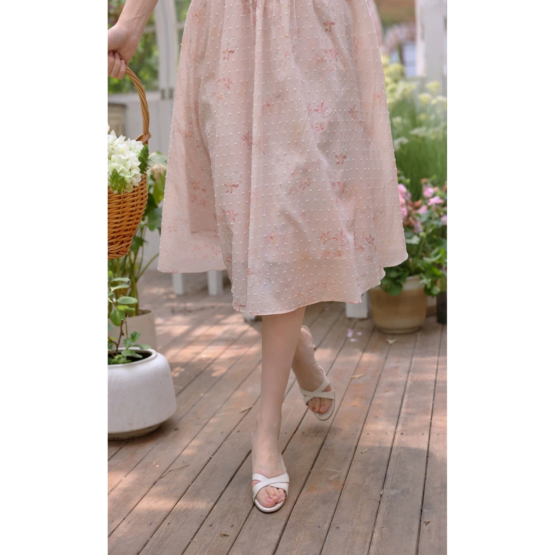 桜色の花絵画ヘップバーンワンピース