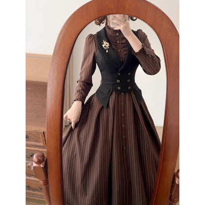 英国のお嬢様のクラシカルストライプワンピース - Brown