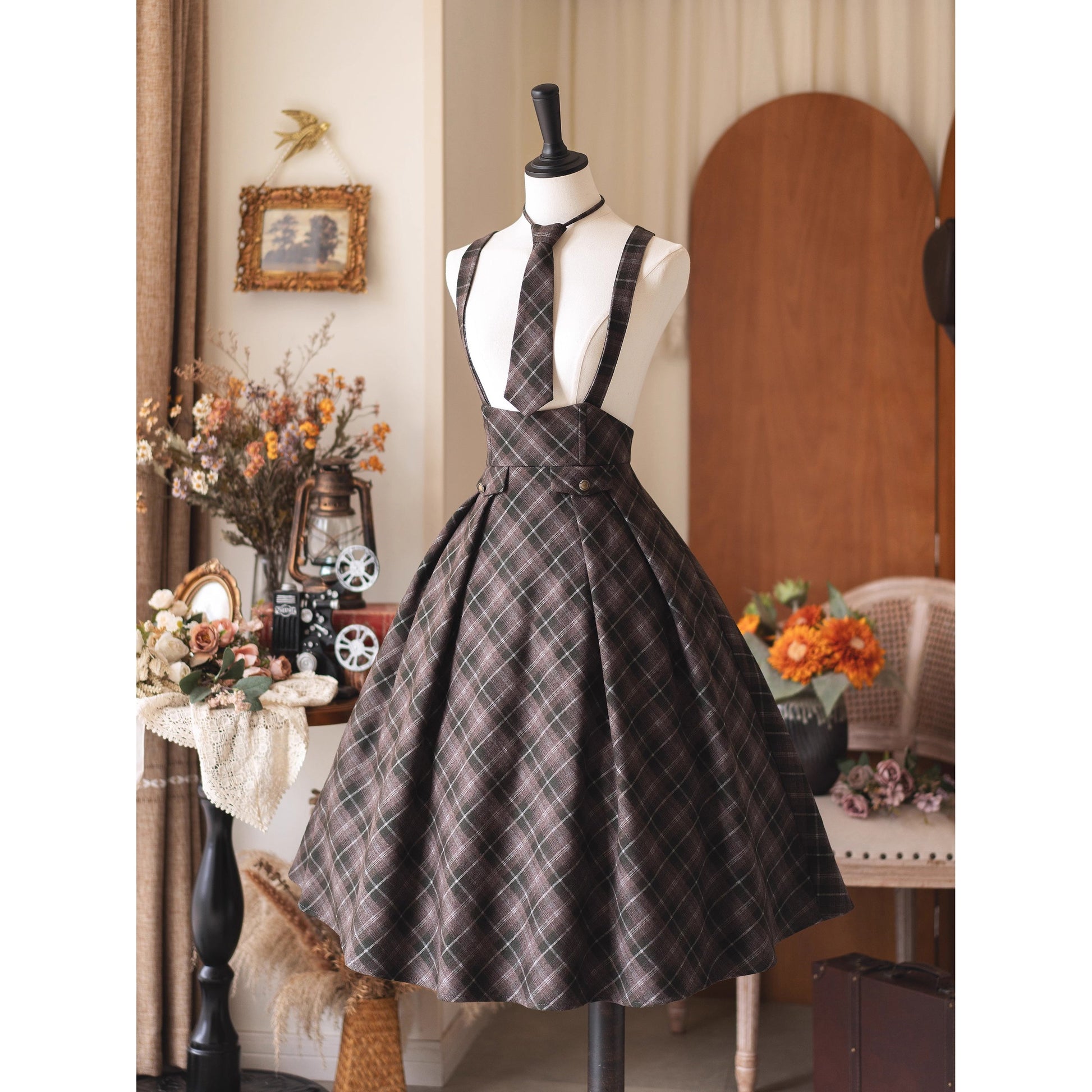 英国のお嬢様のクラシカルジャンパースカート - Olive Gray Checked