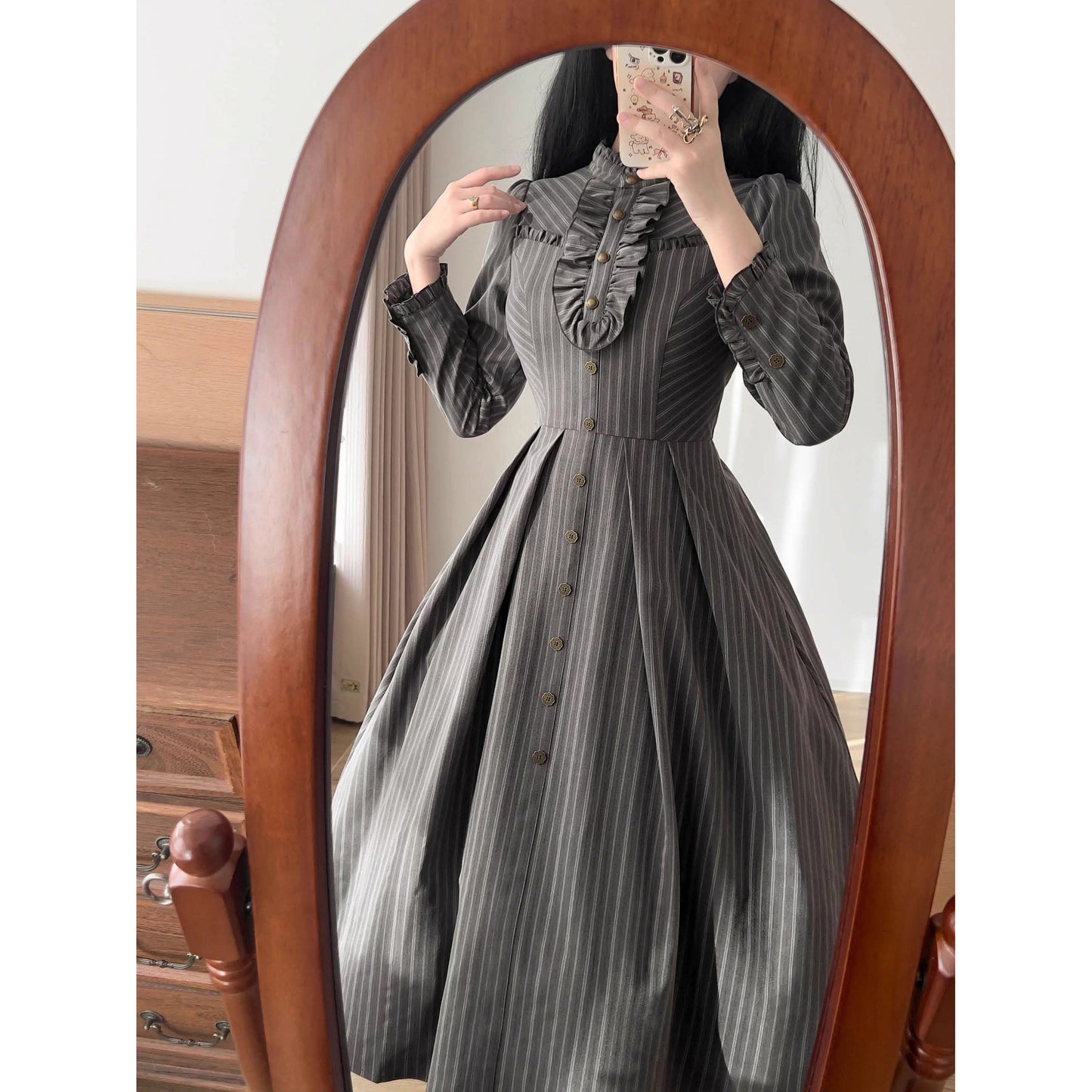 英国のお嬢様のクラシカルストライプワンピース - Gray