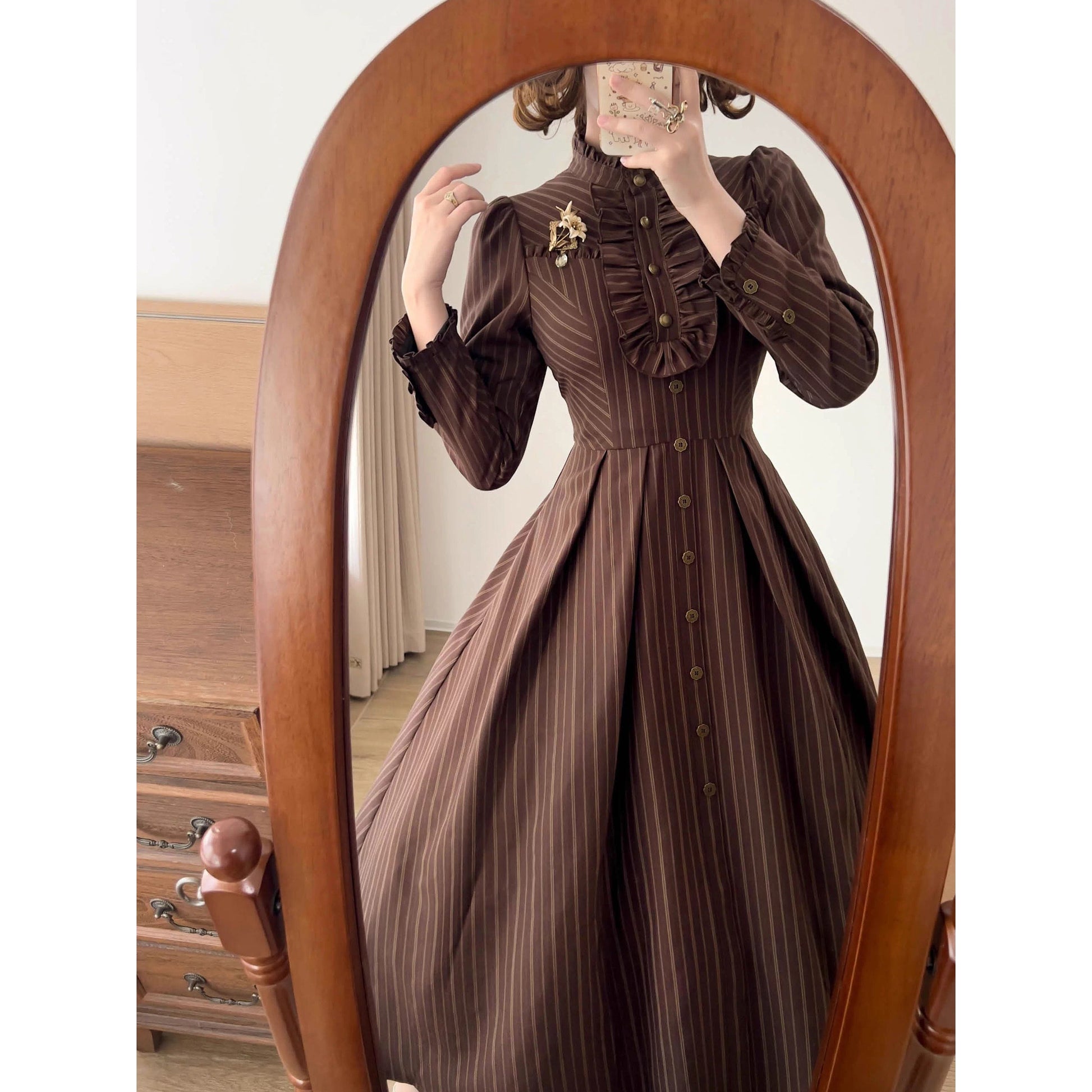 英国のお嬢様のクラシカルストライプワンピース - Brown