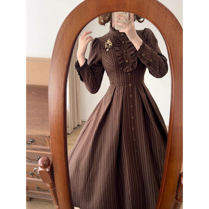 英国のお嬢様のクラシカルストライプワンピース - Brown