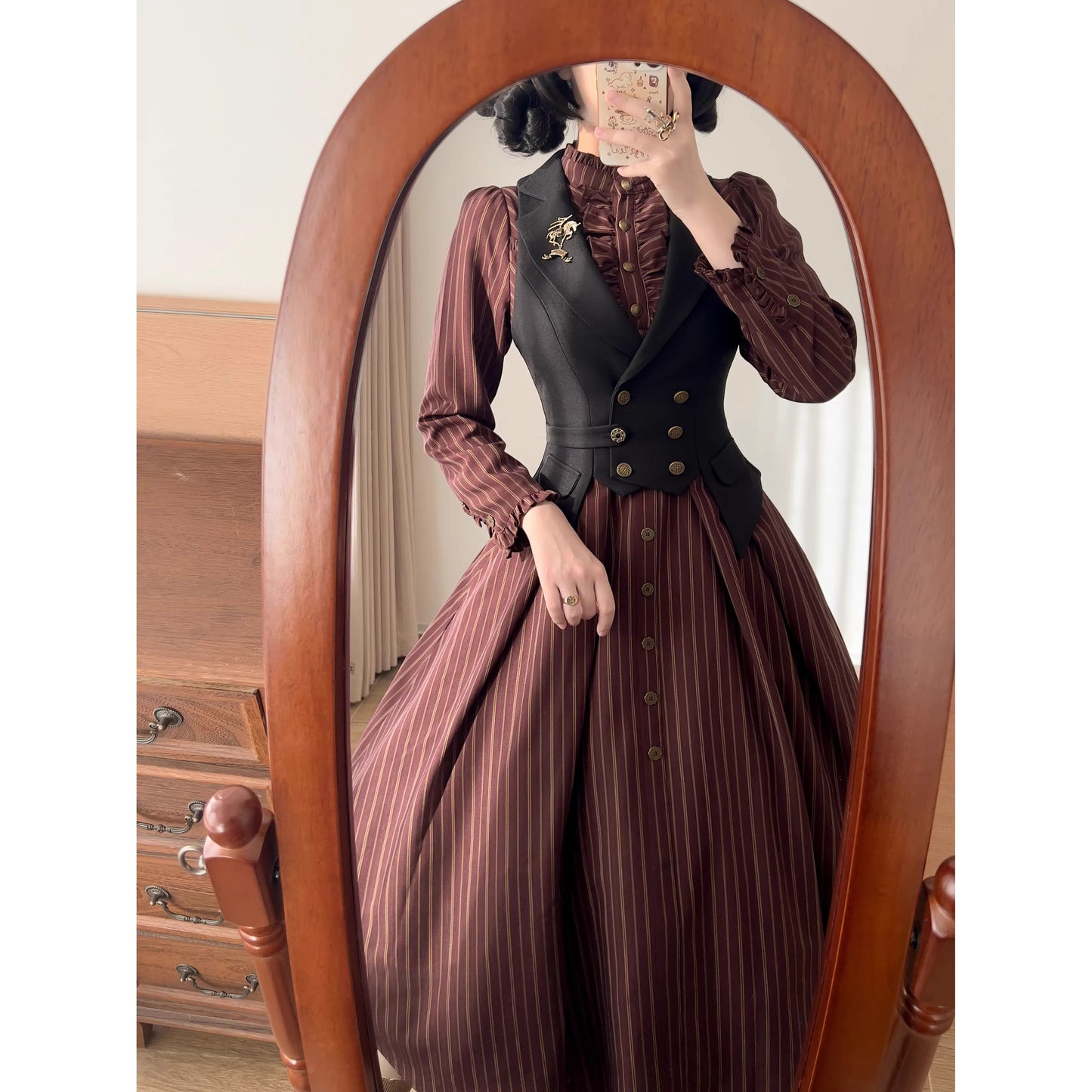 英国のお嬢様のクラシカルストライプワンピース - Burgundy