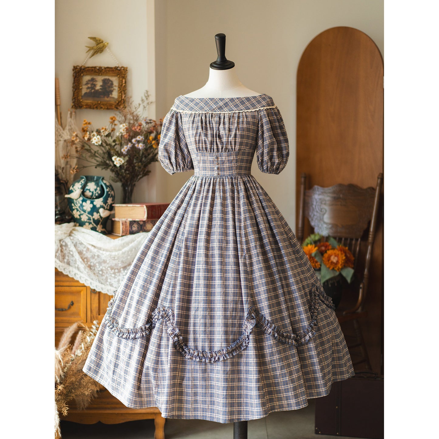 英国のお嬢様の格子柄レトロワンピース - Gray Navy