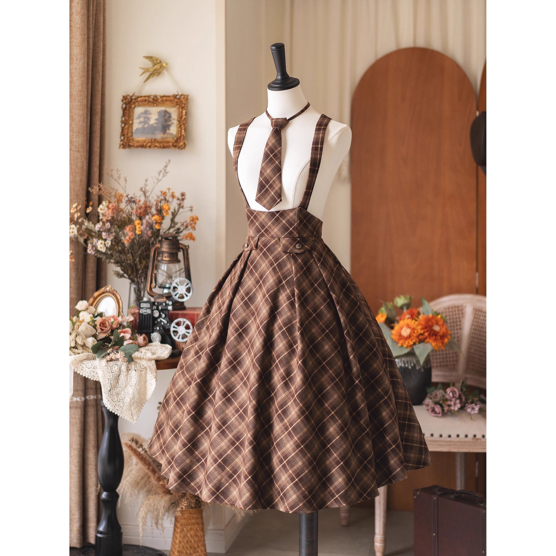 英国のお嬢様のクラシカルジャンパースカート - Brown Checked