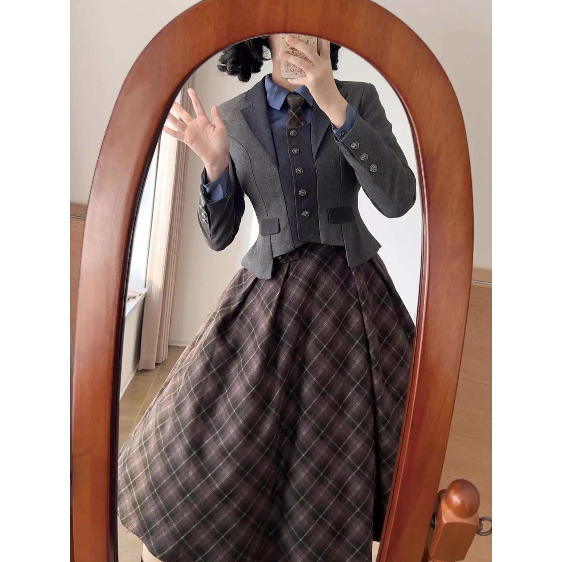 英国のお嬢様のクラシカルジャンパースカート - Olive Gray Checked