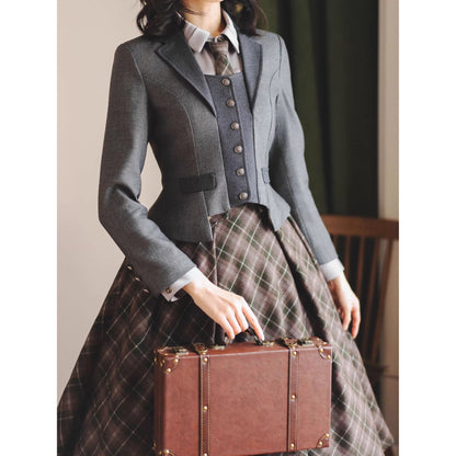 英国のお嬢様のクラシカルジャンパースカート - Olive Gray Checked