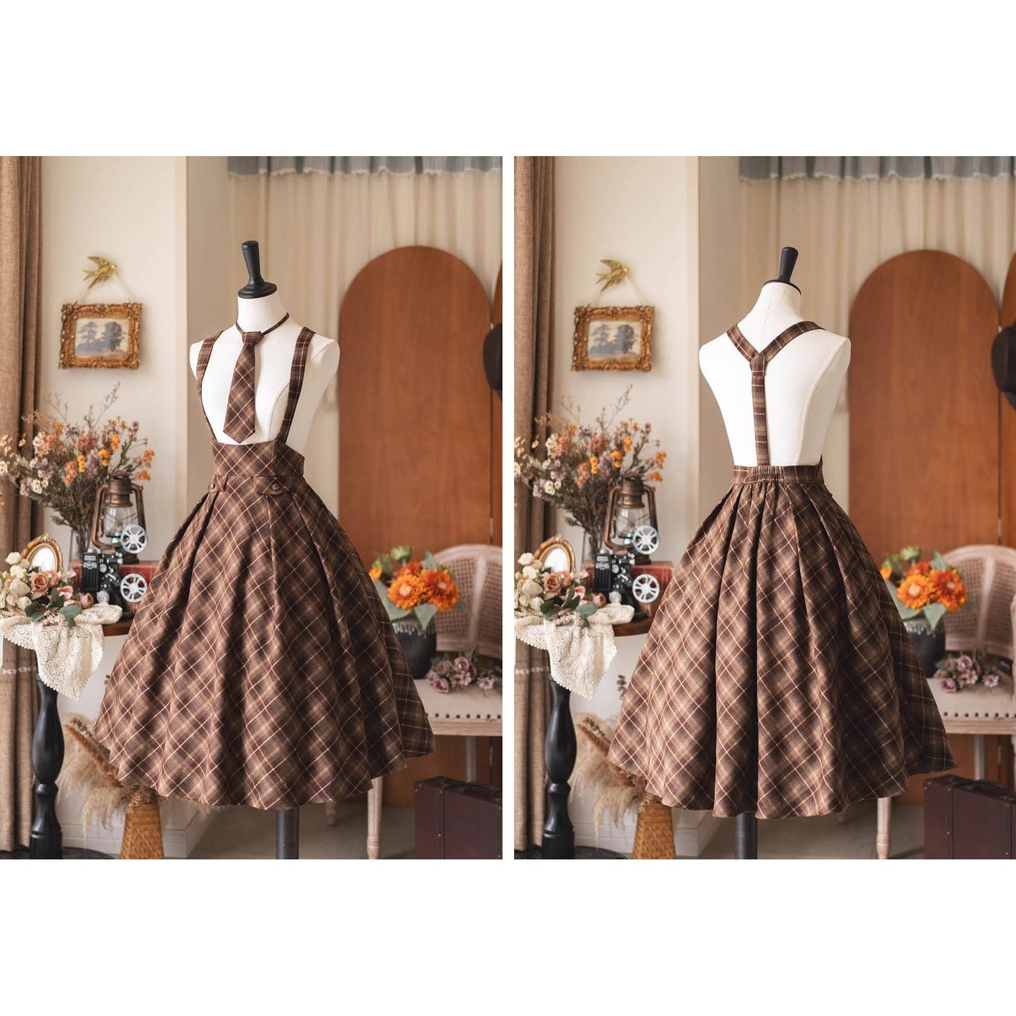 英国のお嬢様のクラシカルジャンパースカート - Brown Checked