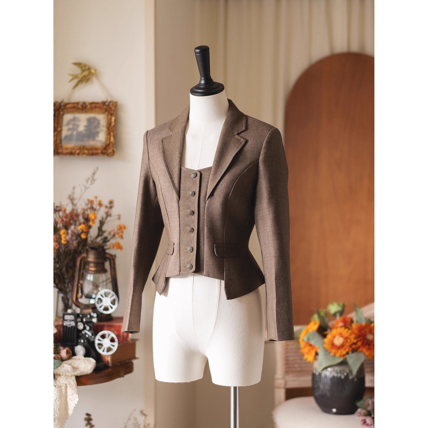 英国のお嬢様のクラシカルショートジャケット - Brown