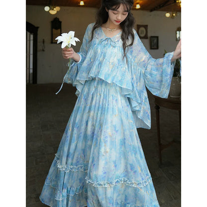 藤の花の水彩画ブラウスとロングスカート