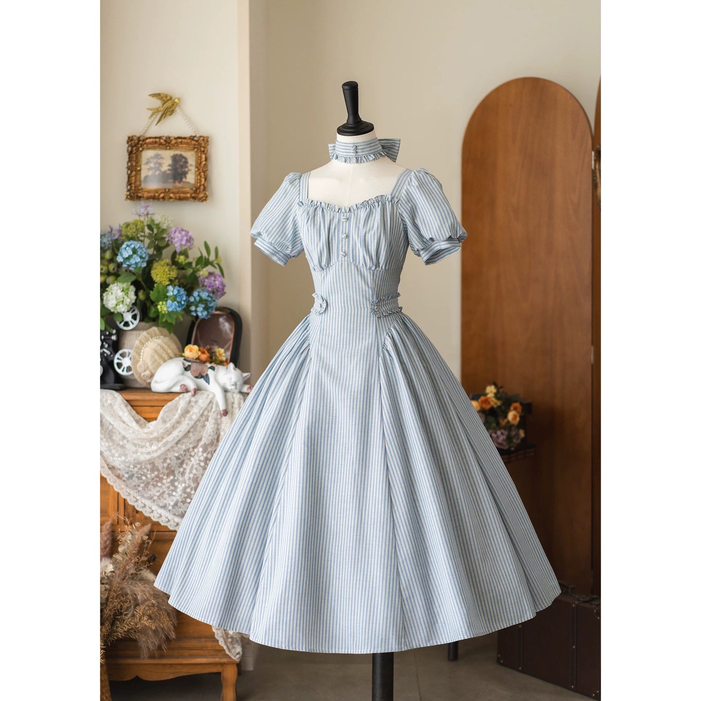 英国のお嬢様のクラシカルストライプワンピース - Ice Blue