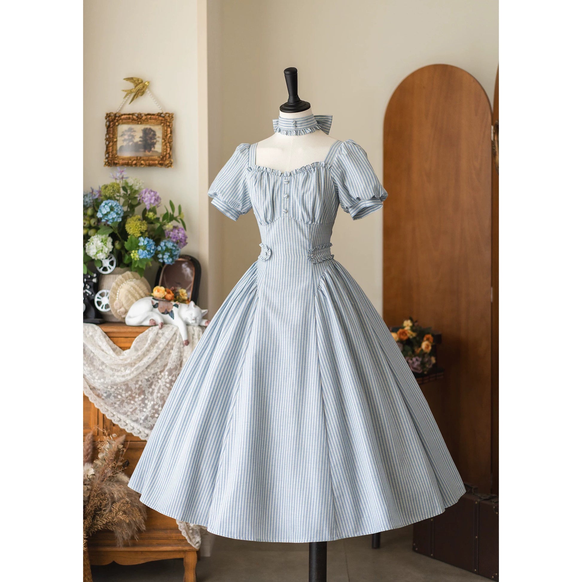 英国のお嬢様のクラシカルストライプワンピース - Ice Blue