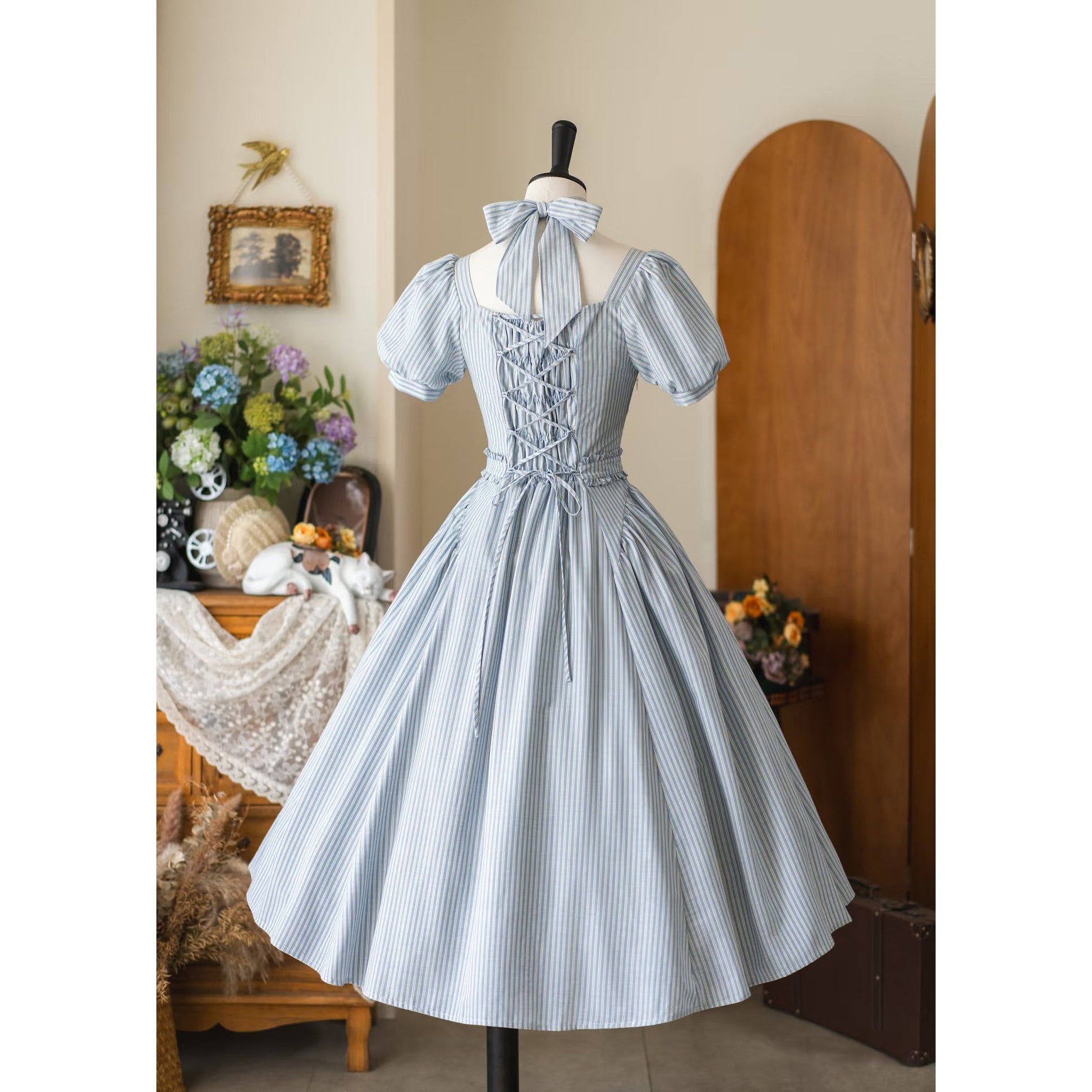 英国のお嬢様のクラシカルストライプワンピース - Ice Blue
