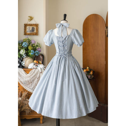 英国のお嬢様のクラシカルストライプワンピース - Ice Blue