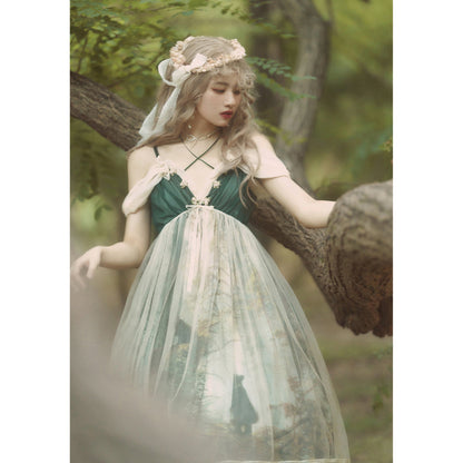 鬱蒼とした森の油彩画ジャンパースカート