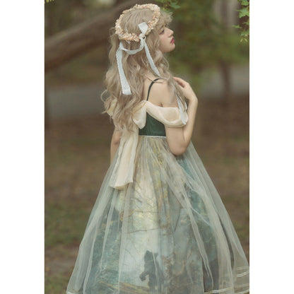 鬱蒼とした森の油彩画ジャンパースカート