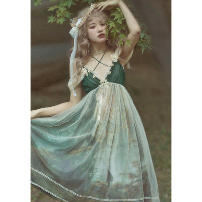 鬱蒼とした森の油彩画ジャンパースカート