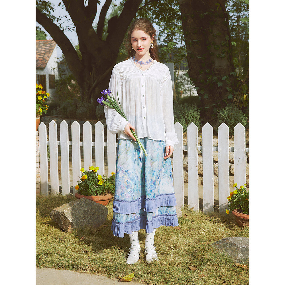 アイリスの花の油彩画ティアードスカート