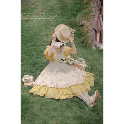Pale yellow lady retro dress and apron
