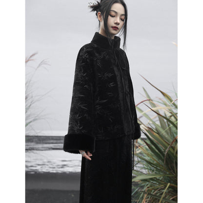 漆黒の竹林柄チャイナボアジャケット