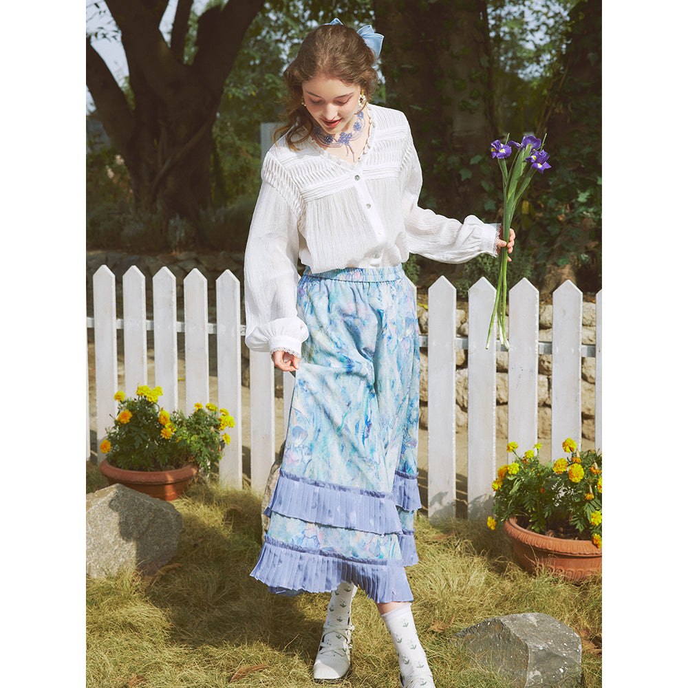 アイリスの花の油彩画ティアードスカート