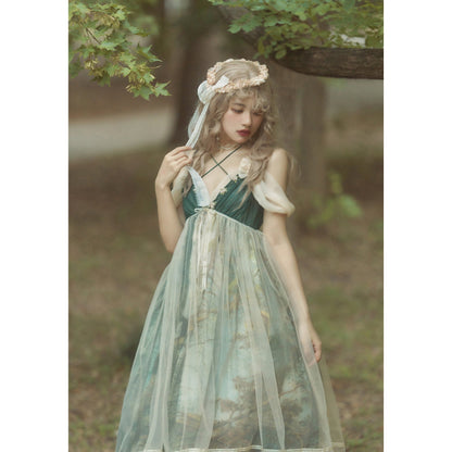 鬱蒼とした森の油彩画ジャンパースカート