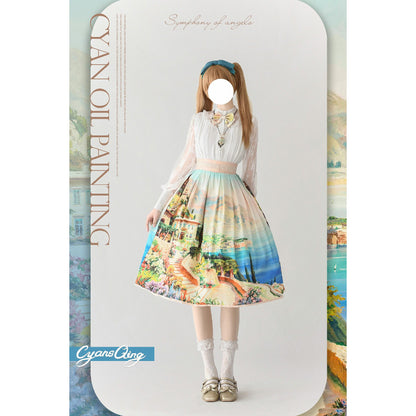 油絵絵画の刺繍フレアスカート