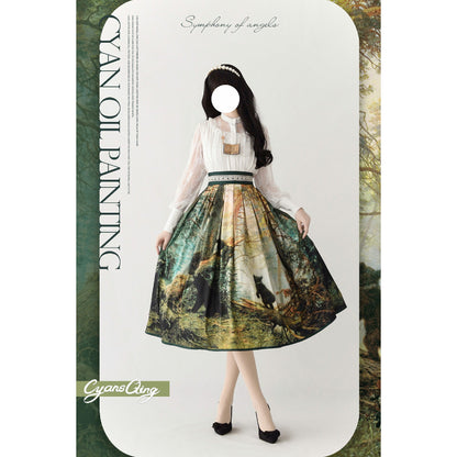 油絵絵画の刺繍フレアスカート