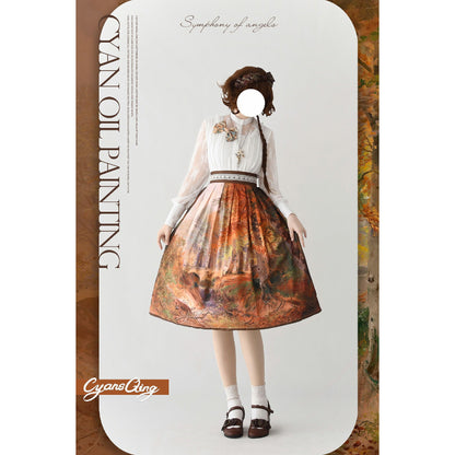 油絵絵画の刺繍フレアスカート