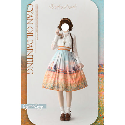 油絵絵画の刺繍フレアスカート