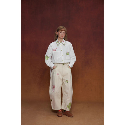 サボテンと花の刺繍ワイドパンツ