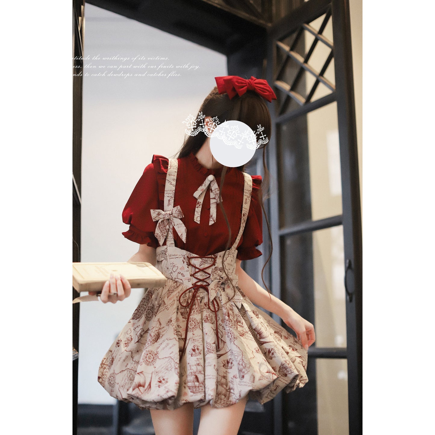 帆船と羅針盤の線画ストラップバルーンスカートとブラウス - Wine Red