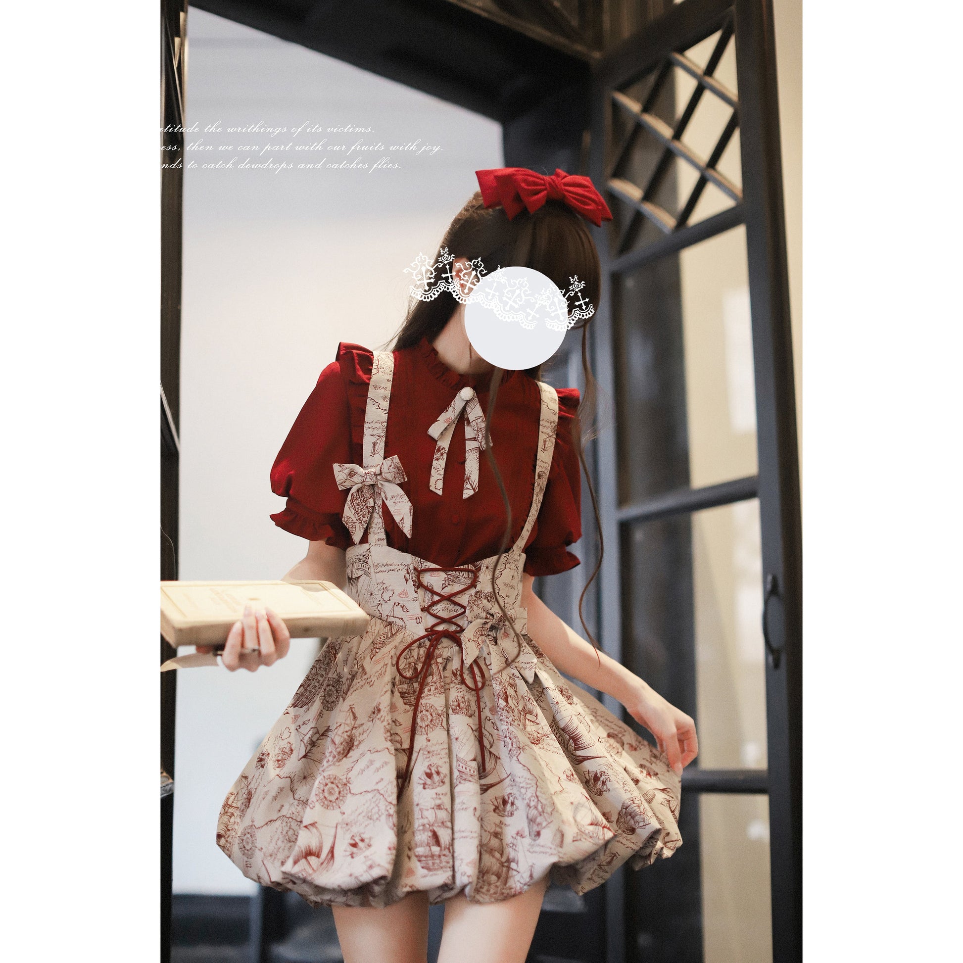 帆船と羅針盤の線画ストラップバルーンスカートとブラウス - Wine Red