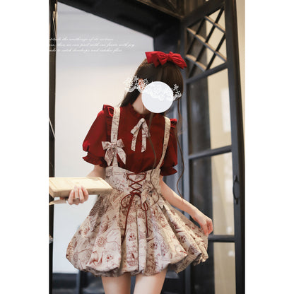 帆船と羅針盤の線画ストラップバルーンスカートとブラウス - Wine Red