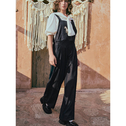 馬の石膏像の刺繍デニムサロペットパンツ