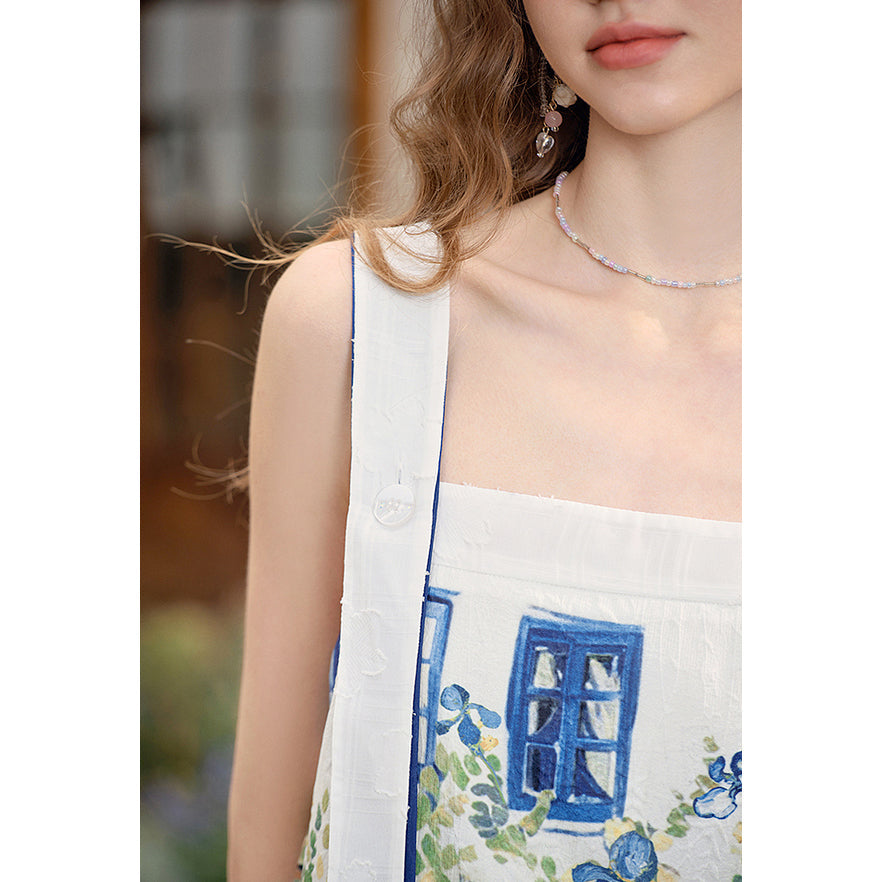 アイリスの花の油彩画ティアードワンピース