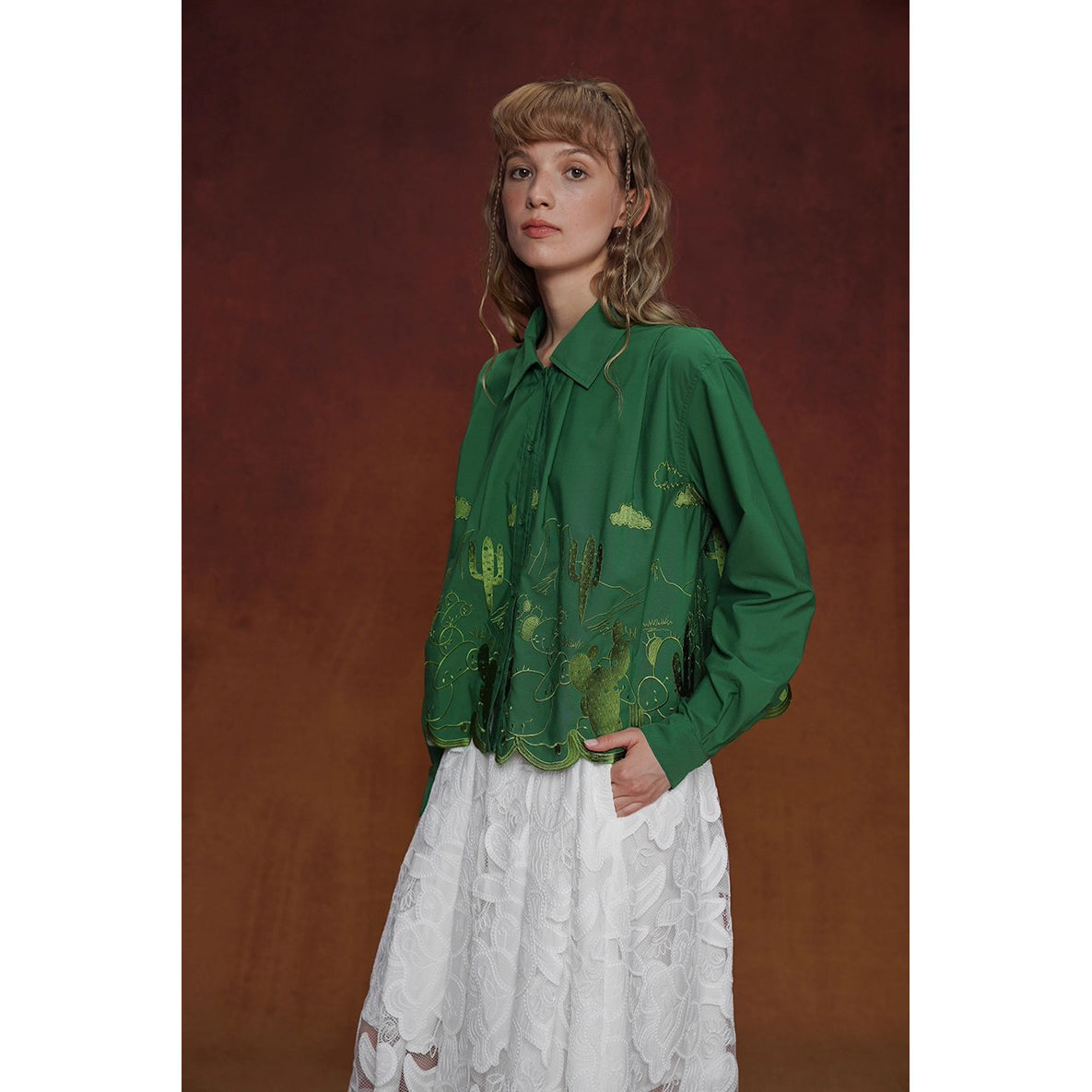 Cactus Embroidered Blouse and Skirt - Green – remulia
