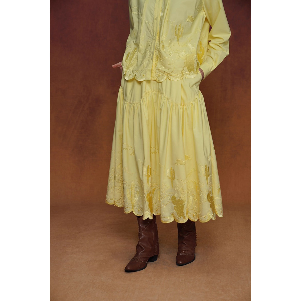 サボテンの刺繍ブラウスとスカート - Yellow