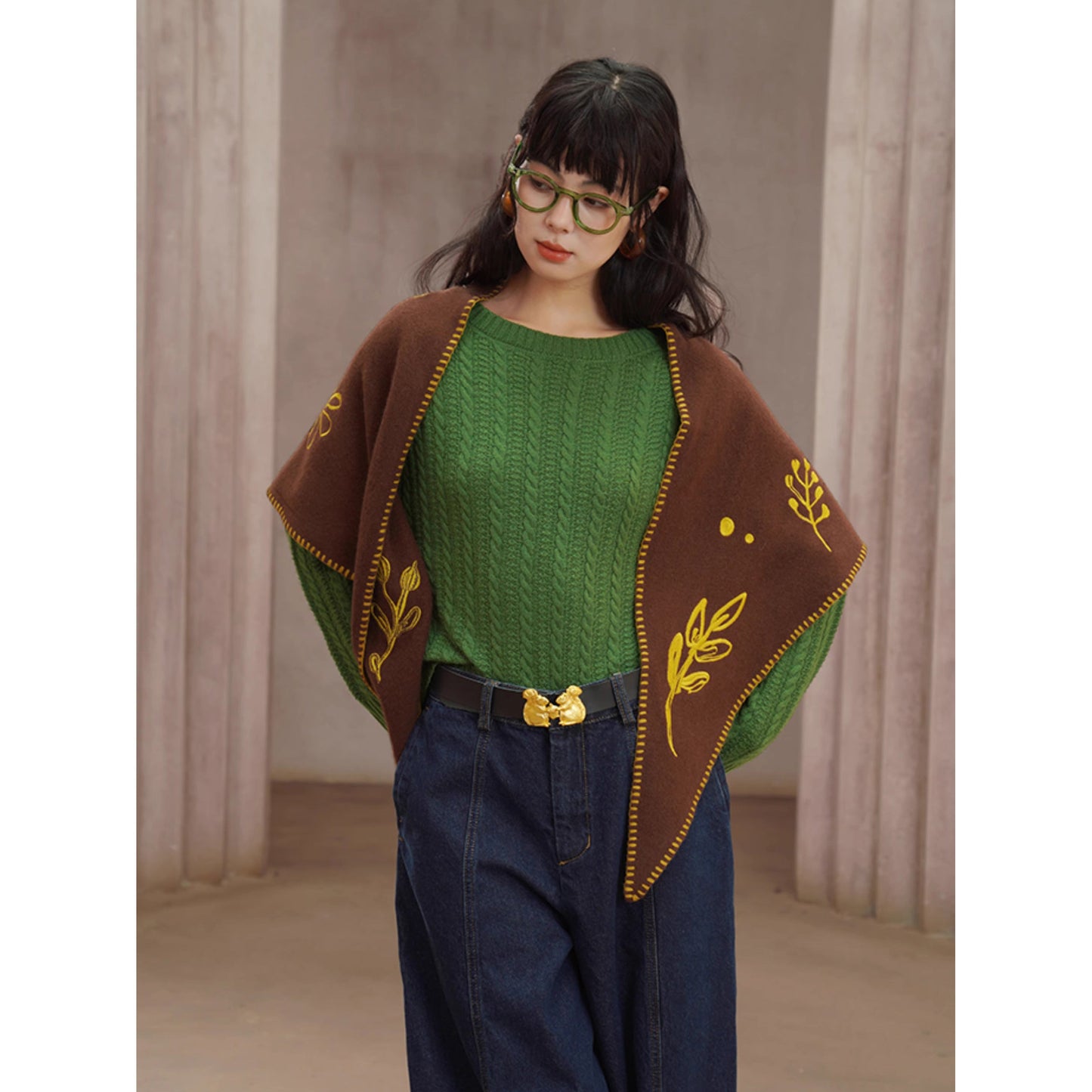 植物の刺繍ウールマフラー