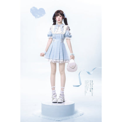 水色の天使の刺繍フリルワンピース