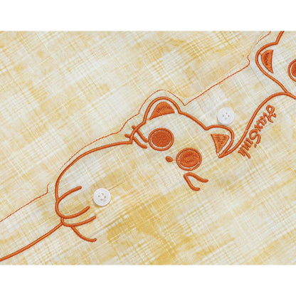 子猫の刺繍レトロチェックシャツ - Light Yellow