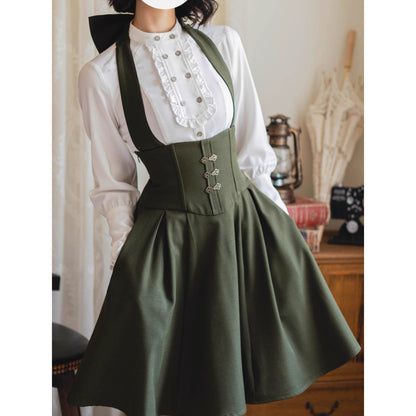 英国のお嬢様のスタンドカラーブラウス - White