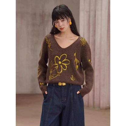 植物の刺繍ニットセーター