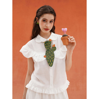 サボテンと花の刺繍ネクタイ - Dark Green