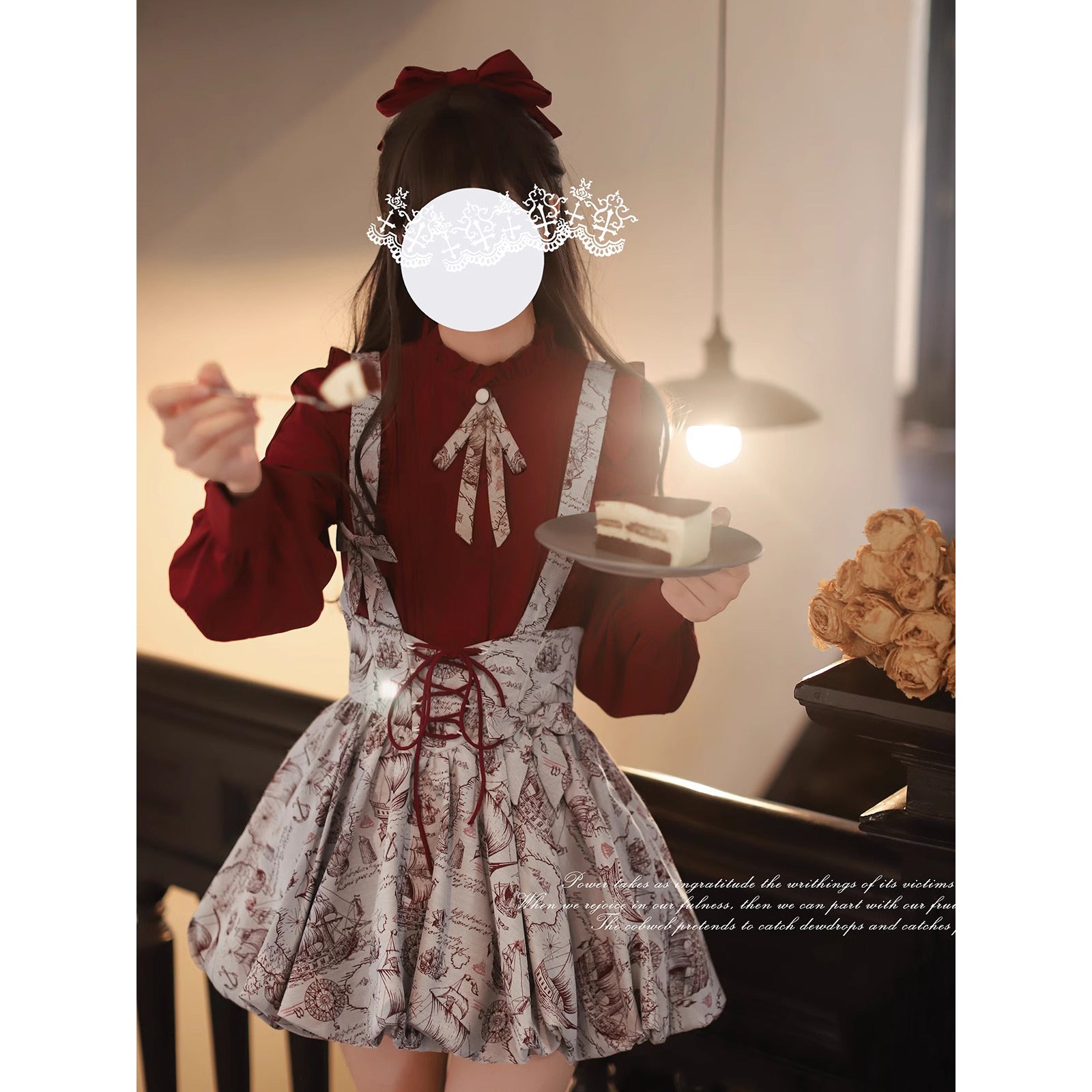 帆船と羅針盤の線画ストラップバルーンスカートとブラウス - Wine Red