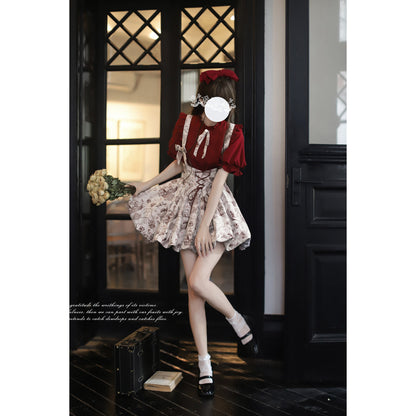 帆船と羅針盤の線画ストラップバルーンスカートとブラウス - Wine Red