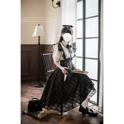 黒墨格子柄のジャンパースカートとブラウス - ロング丈