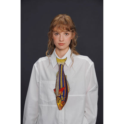 お魚の刺繍ネクタイ（ブルー×イエロー）